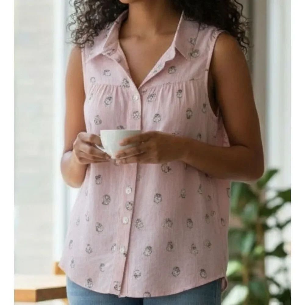 Anthropologie Kori America Owl Print Striped Sleeveless Button Front Top Size S